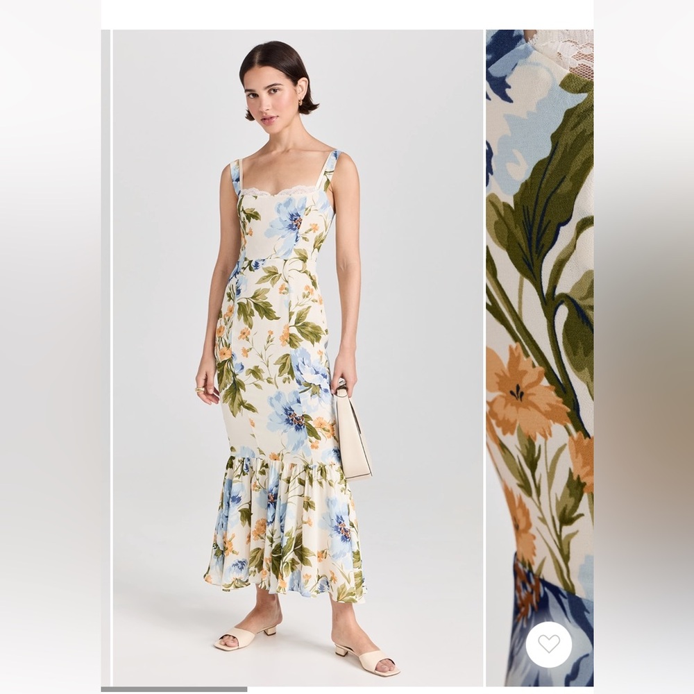 Reformation Cream Floral Midi Dress with Blue & Olive Print
